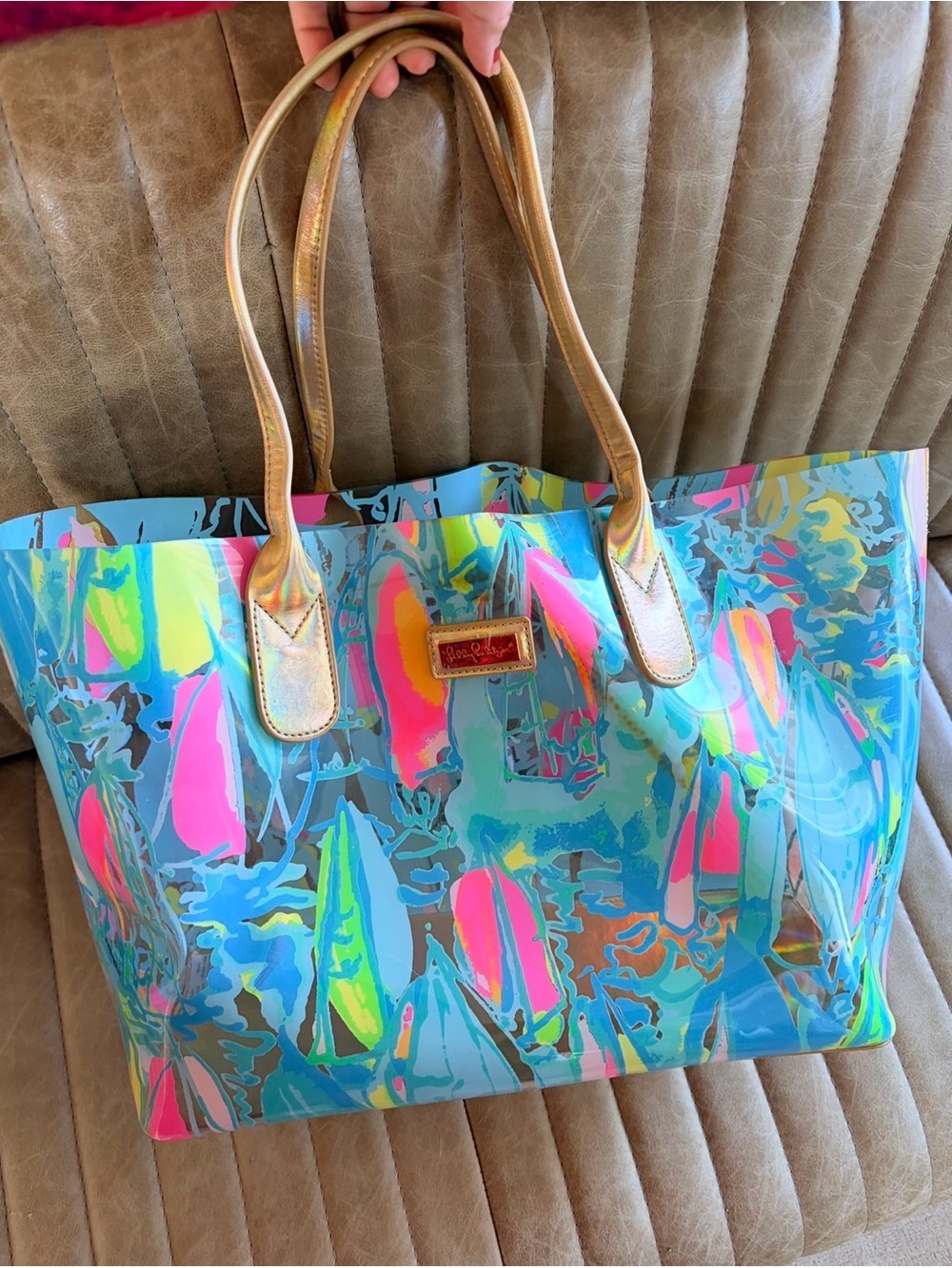 Lilly Pulitzer Gold and clear neon Abstract Print Tote Bag with Gold Handles
